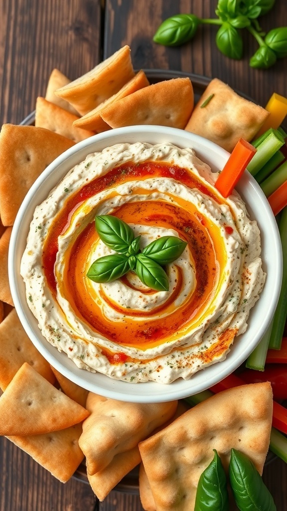 A bowl of creamy feta tomato dip with pita chips and vegetable sticks on a rustic table.